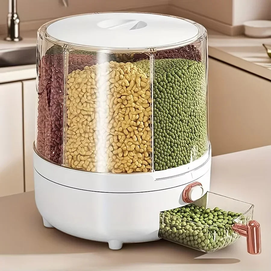 6-Compartment 360° Rotating Airtight Food Storage Container – Moisture-Proof Cereal & Grain Dispenser