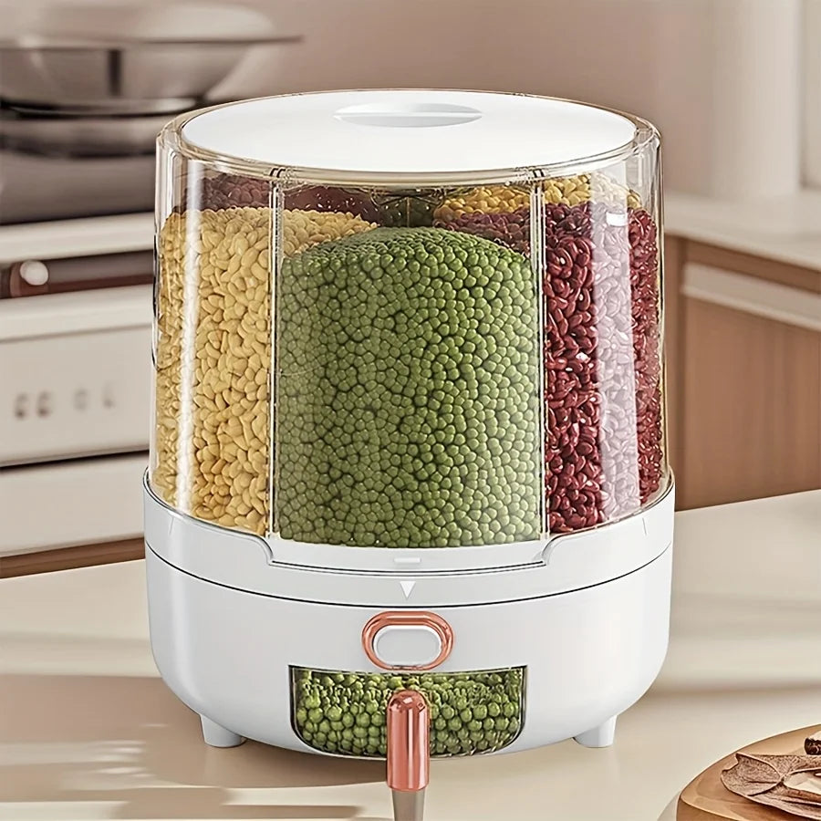 6-Compartment 360° Rotating Airtight Food Storage Container – Moisture-Proof Cereal & Grain Dispenser