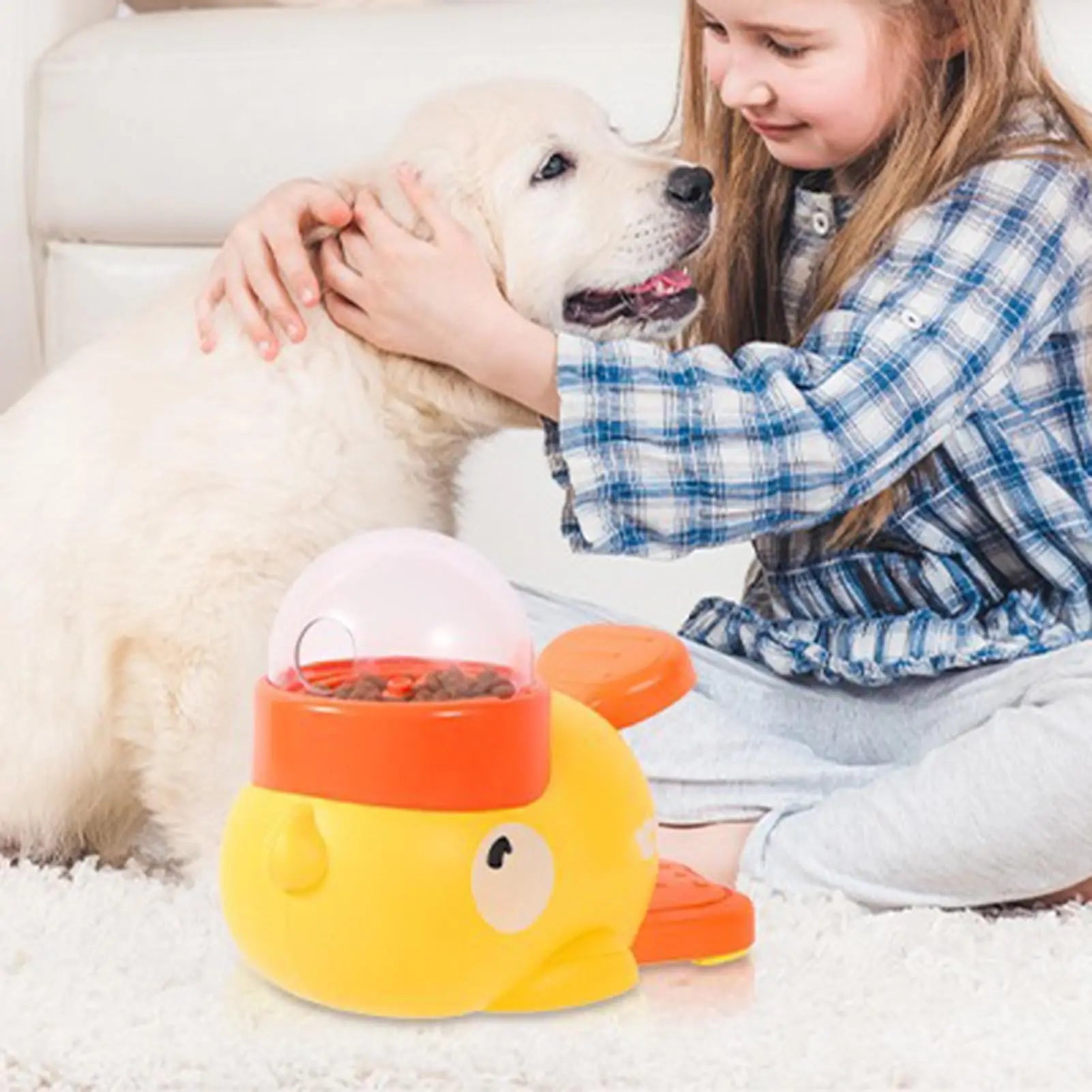 Child petting a white puppy with a yellow and orange duck-shaped pet toy on a carpeted floor.