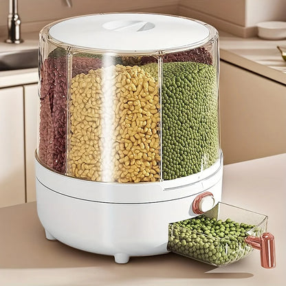6-Compartment 360° Rotating Airtight Food Storage Container – Moisture-Proof Cereal & Grain Dispenser