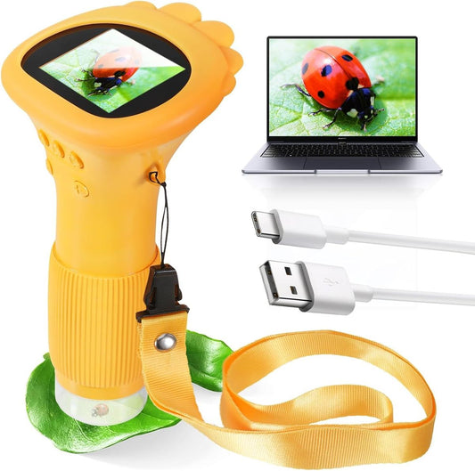 Children Portable 1000X Digital Microscope with 2MP Lens, LED Lights & 2" IPS Display